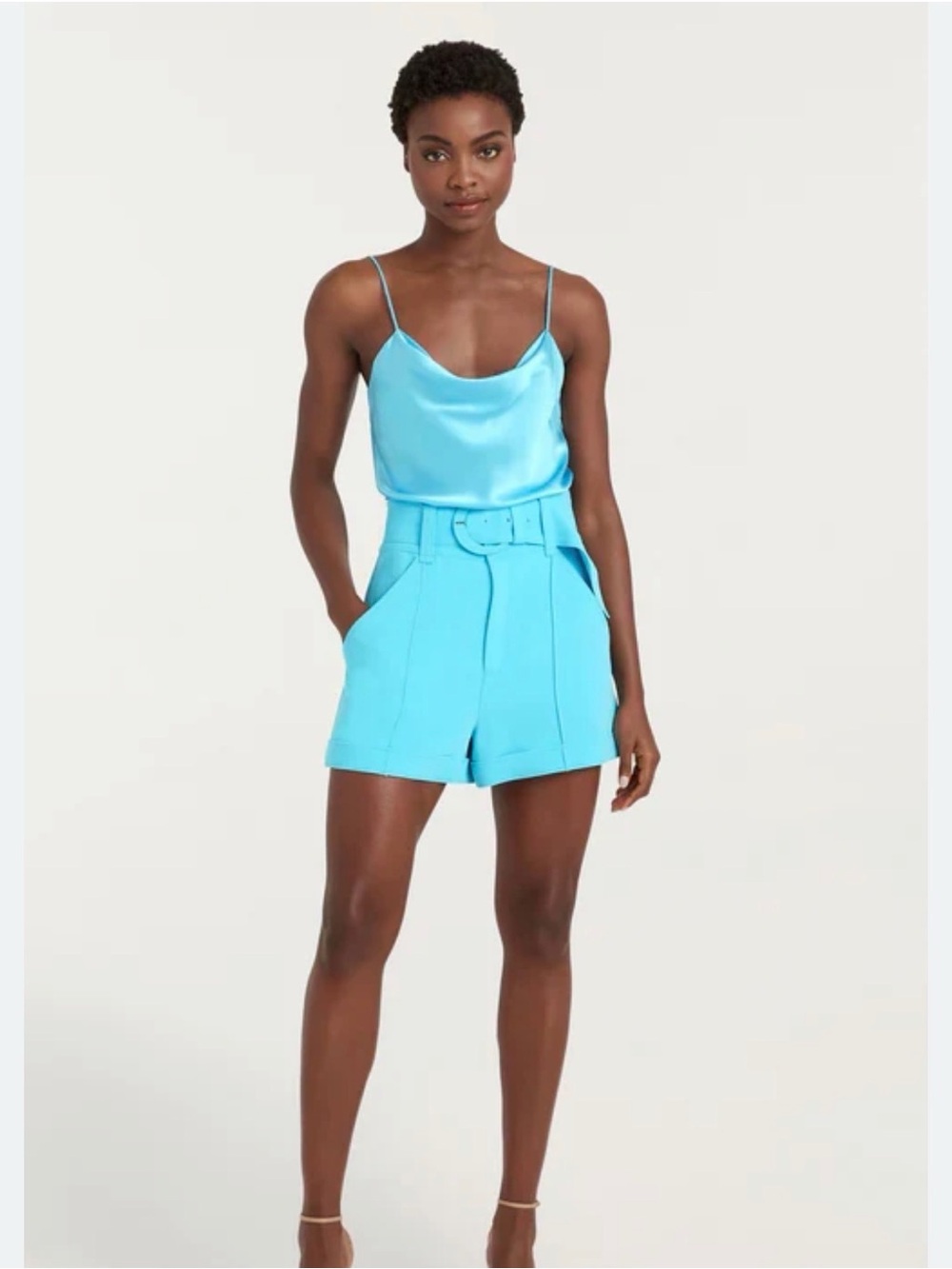 Cinq A Sept High-Waist Belted Tailored Shorts in Turquoise with Tank